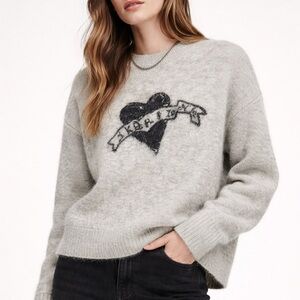 All Saints Heather Gray Crewneck Sweater with Black Heart Patch